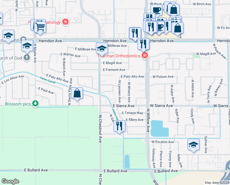 map of restaurants, bars, coffee shops, grocery stores, and more near 3110 East Sierra Avenue in Fresno