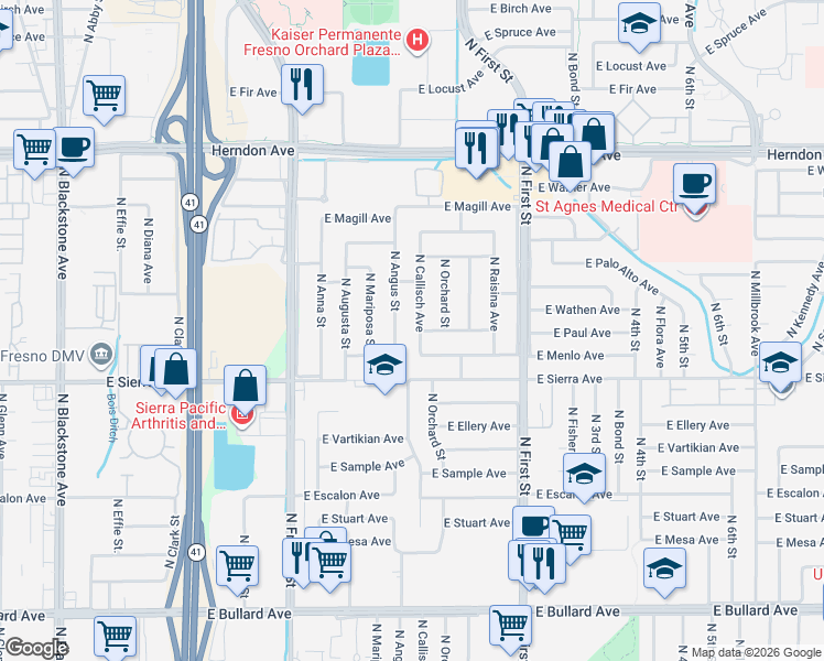 map of restaurants, bars, coffee shops, grocery stores, and more near 6445 North Callisch Avenue in Fresno