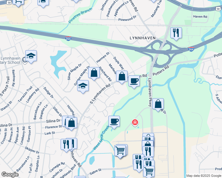 map of restaurants, bars, coffee shops, grocery stores, and more near 3001 Reflections Way in Virginia Beach