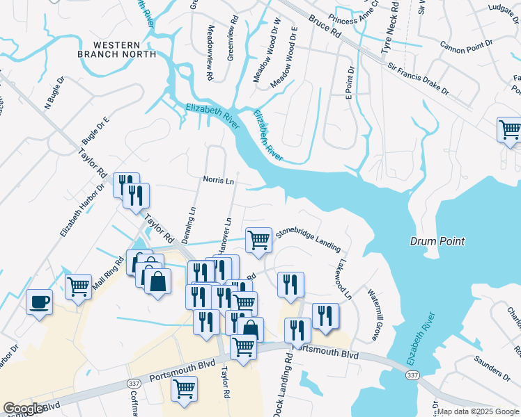 map of restaurants, bars, coffee shops, grocery stores, and more near 2513 Quail Ridge Court in Chesapeake