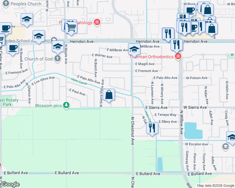 map of restaurants, bars, coffee shops, grocery stores, and more near 6523 North Dearing Avenue in Fresno