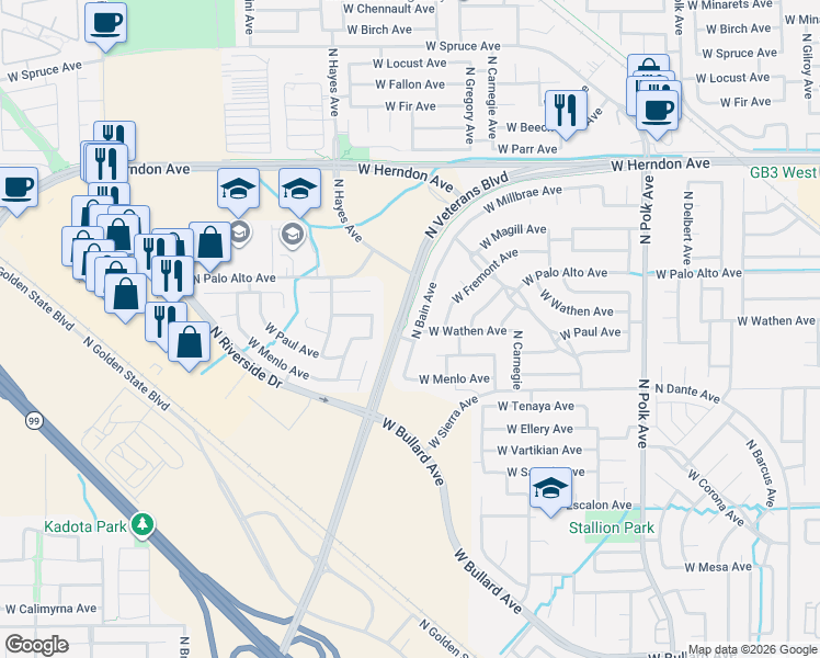 map of restaurants, bars, coffee shops, grocery stores, and more near 5976 West Paul Avenue in Fresno