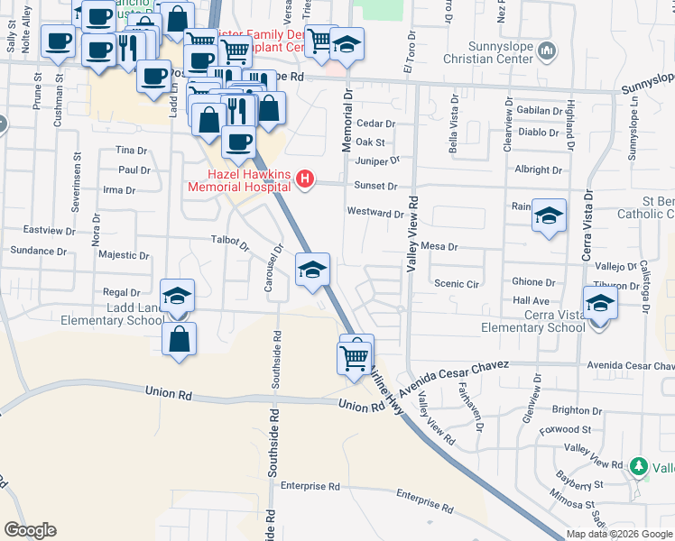 map of restaurants, bars, coffee shops, grocery stores, and more near 2061 White Oak Drive in Hollister