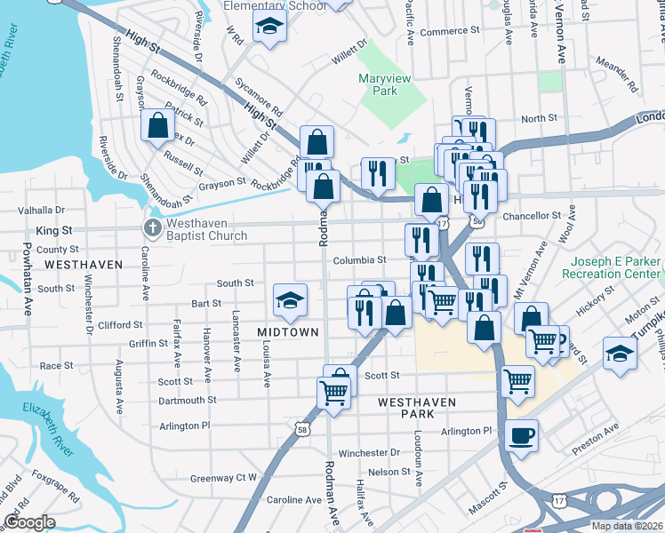 map of restaurants, bars, coffee shops, grocery stores, and more near 3617 South Street in Portsmouth