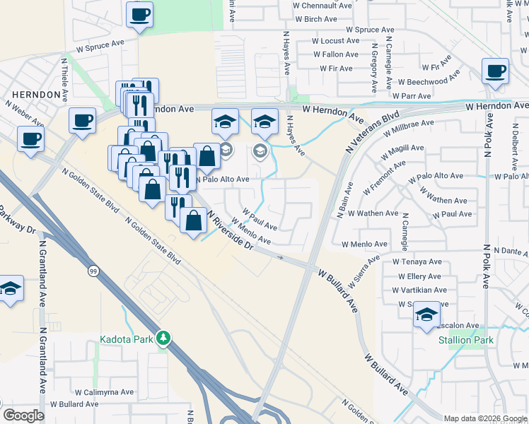 map of restaurants, bars, coffee shops, grocery stores, and more near 6140 West Goux Avenue in Fresno