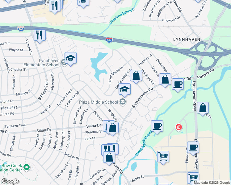 map of restaurants, bars, coffee shops, grocery stores, and more near 269 Golden Maple Drive in Virginia Beach
