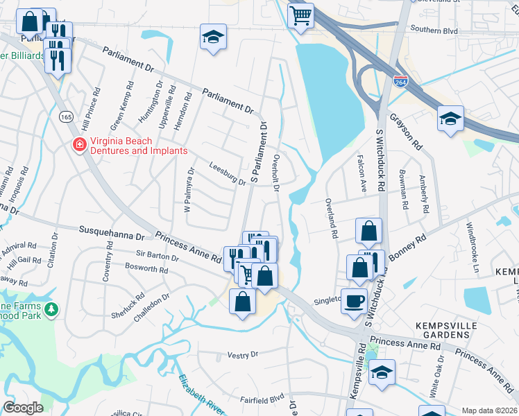 map of restaurants, bars, coffee shops, grocery stores, and more near 5233 Executive Boulevard in Virginia Beach