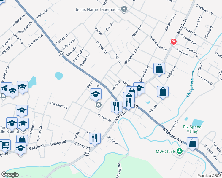 map of restaurants, bars, coffee shops, grocery stores, and more near 218-228 Barrier Street in Monticello