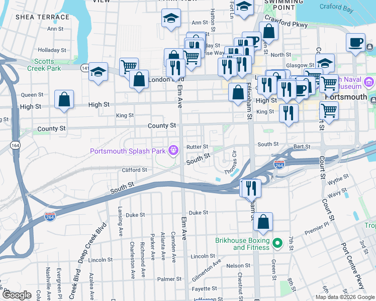 map of restaurants, bars, coffee shops, grocery stores, and more near 1127 Columbia Street in Portsmouth