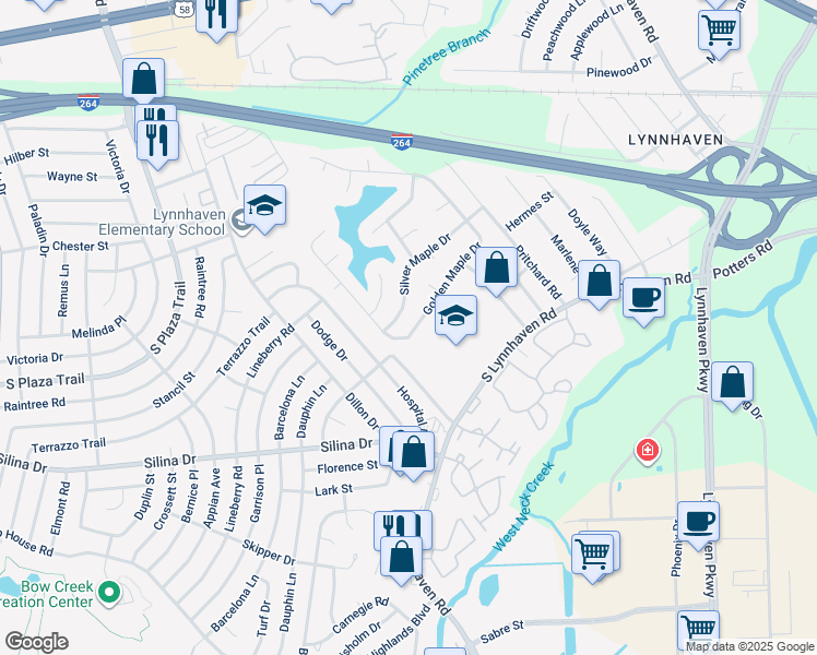 map of restaurants, bars, coffee shops, grocery stores, and more near 285 Golden Maple Drive in Virginia Beach