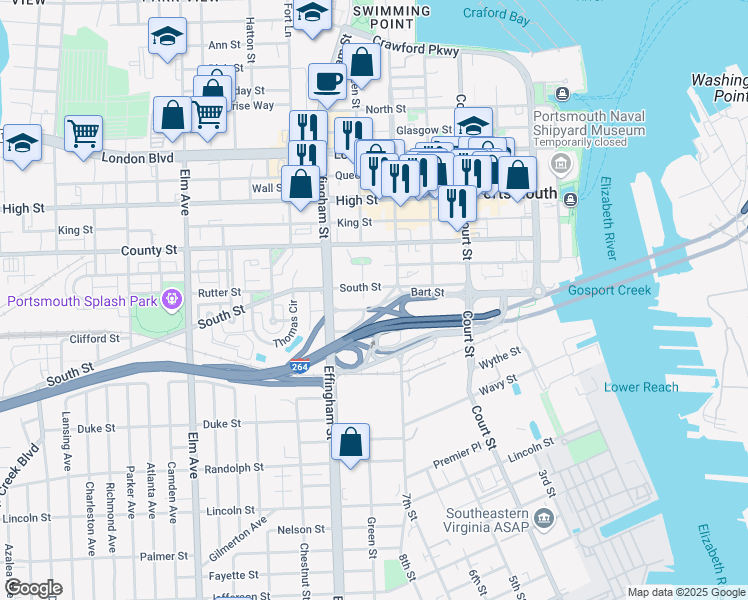map of restaurants, bars, coffee shops, grocery stores, and more near 915 Green Street in Portsmouth
