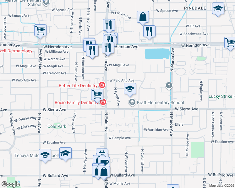 map of restaurants, bars, coffee shops, grocery stores, and more near 722 West Paul Avenue in Fresno