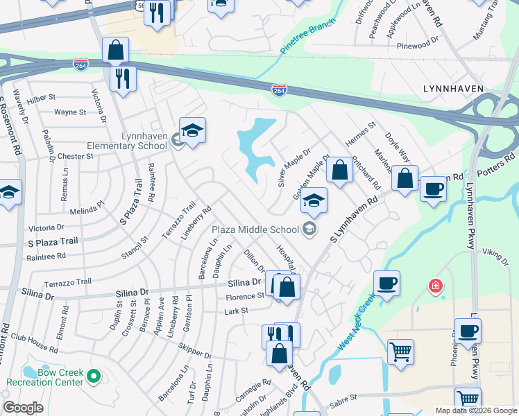 map of restaurants, bars, coffee shops, grocery stores, and more near 3025 Red Maple Lane in Virginia Beach
