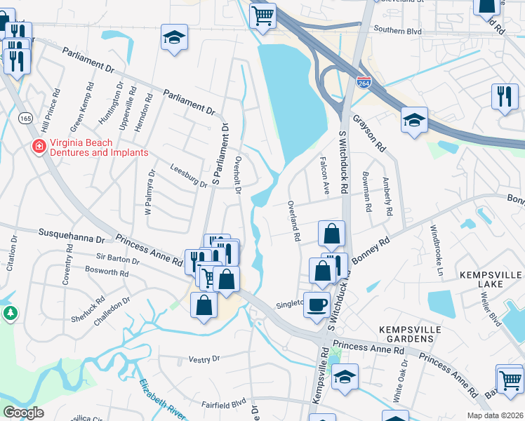 map of restaurants, bars, coffee shops, grocery stores, and more near 5221 Executive Boulevard in Virginia Beach