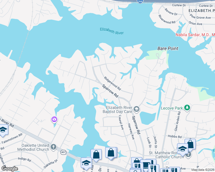 map of restaurants, bars, coffee shops, grocery stores, and more near 129 Ridgewood Road in Chesapeake