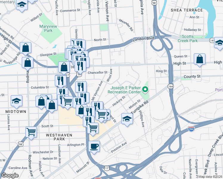 map of restaurants, bars, coffee shops, grocery stores, and more near 1379 Watson Street in Portsmouth