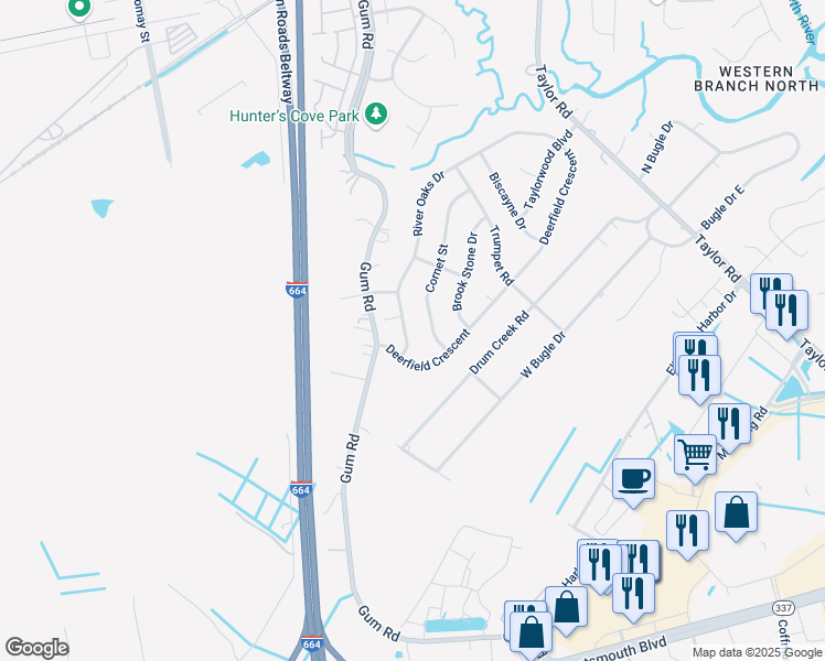 map of restaurants, bars, coffee shops, grocery stores, and more near 2721 River Oaks Drive in Chesapeake