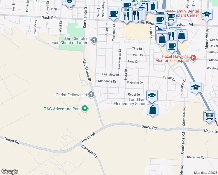 map of restaurants, bars, coffee shops, grocery stores, and more near 203 Sundance Drive in Hollister