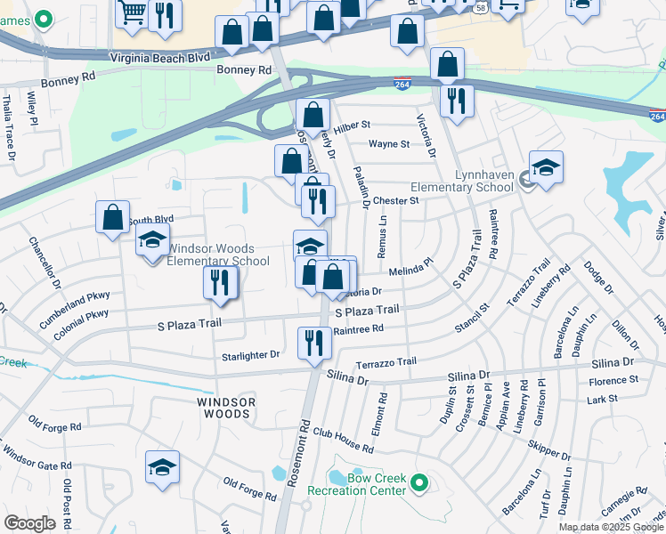 map of restaurants, bars, coffee shops, grocery stores, and more near 228 Virginia 411 in Virginia Beach