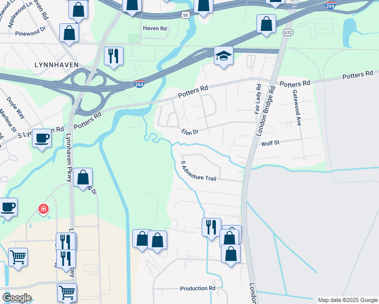 map of restaurants, bars, coffee shops, grocery stores, and more near 408 North Adventure Trail in Virginia Beach