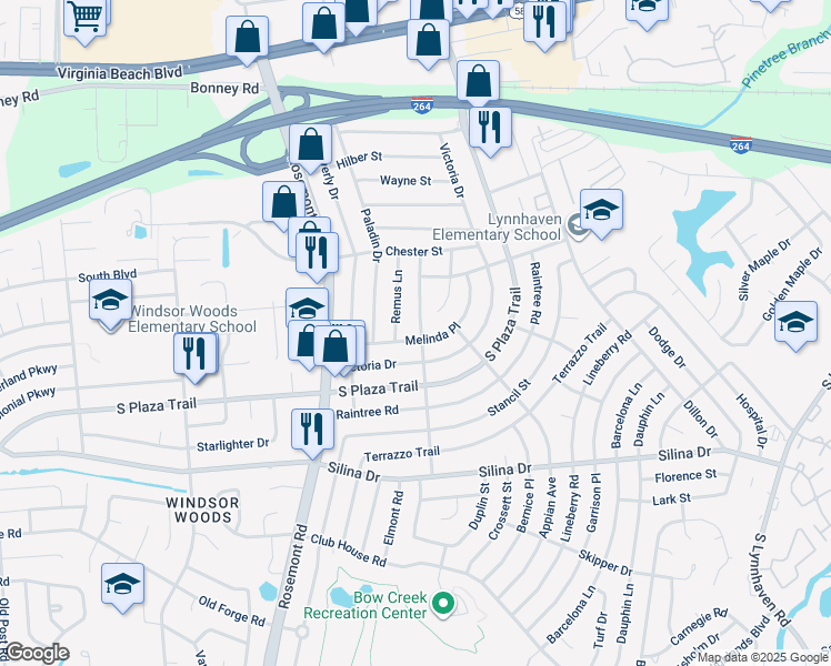 map of restaurants, bars, coffee shops, grocery stores, and more near 245 Cassady Avenue in Virginia Beach