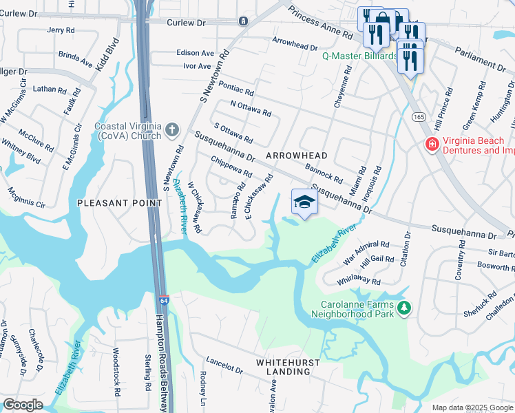 map of restaurants, bars, coffee shops, grocery stores, and more near 328 East Chickasaw Road in Virginia Beach