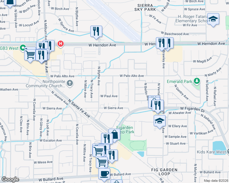 map of restaurants, bars, coffee shops, grocery stores, and more near 6548 North Bendel Avenue in Fresno