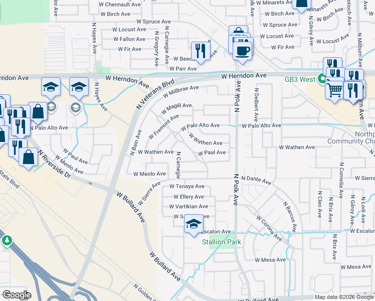 map of restaurants, bars, coffee shops, grocery stores, and more near 5671 West Wathen Avenue in Fresno