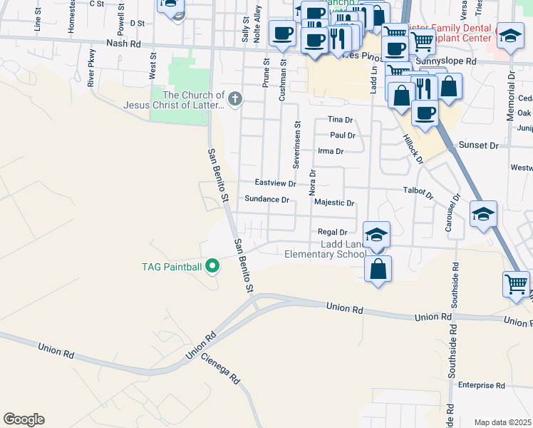 map of restaurants, bars, coffee shops, grocery stores, and more near 203 Sundance Drive in Hollister