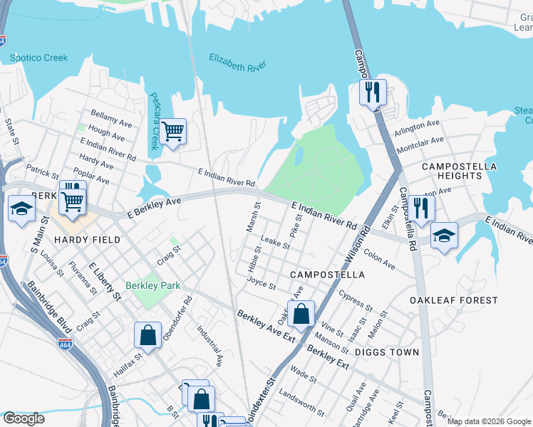 map of restaurants, bars, coffee shops, grocery stores, and more near 791 East Indian River Road in Norfolk