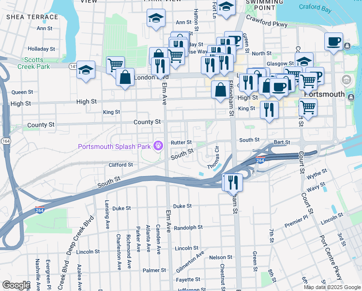 map of restaurants, bars, coffee shops, grocery stores, and more near 1109 Rutter Street in Portsmouth