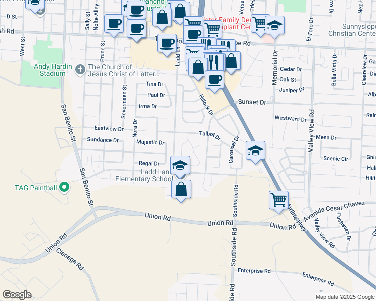 map of restaurants, bars, coffee shops, grocery stores, and more near 2010 Evelyns Drive in Hollister
