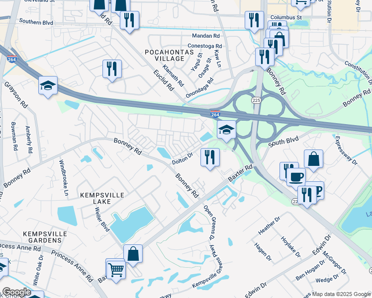 map of restaurants, bars, coffee shops, grocery stores, and more near Carnelian Street in Virginia Beach