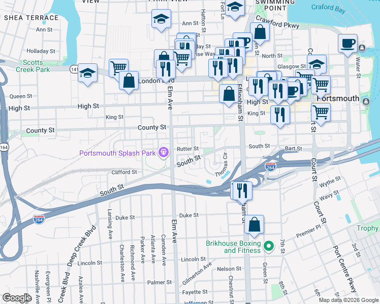 map of restaurants, bars, coffee shops, grocery stores, and more near 728 Bismarck Myrick Street in Portsmouth