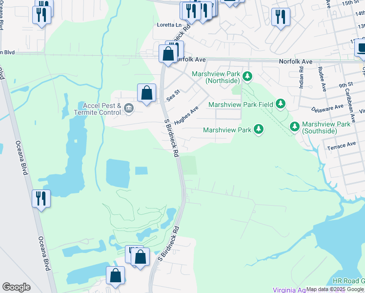 map of restaurants, bars, coffee shops, grocery stores, and more near 1621 Colonnade Crescent in Virginia Beach