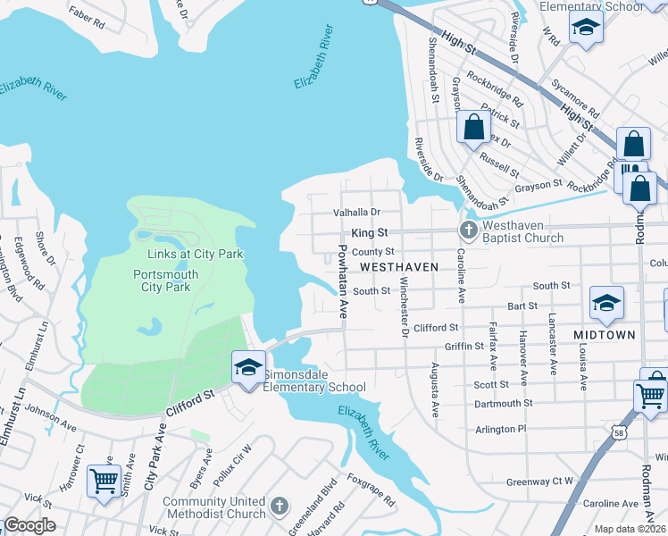 map of restaurants, bars, coffee shops, grocery stores, and more near 4700 County Street in Portsmouth