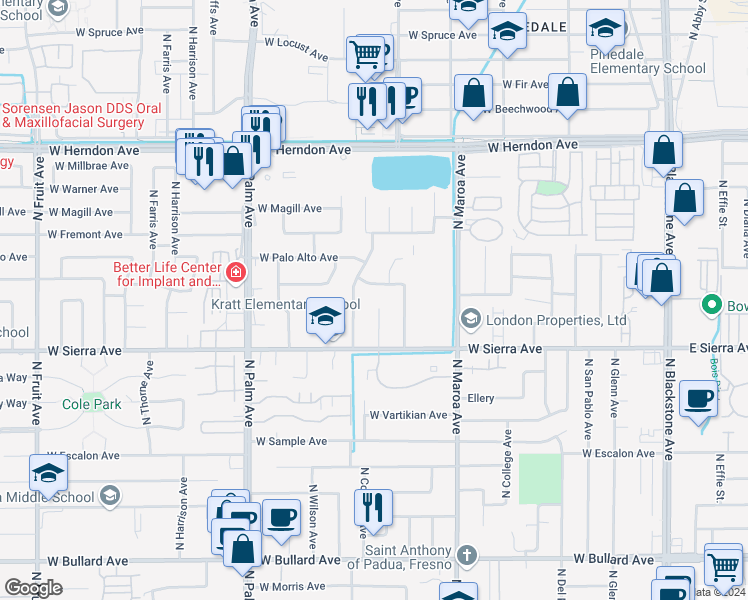map of restaurants, bars, coffee shops, grocery stores, and more near 574 West Paul Avenue in Fresno