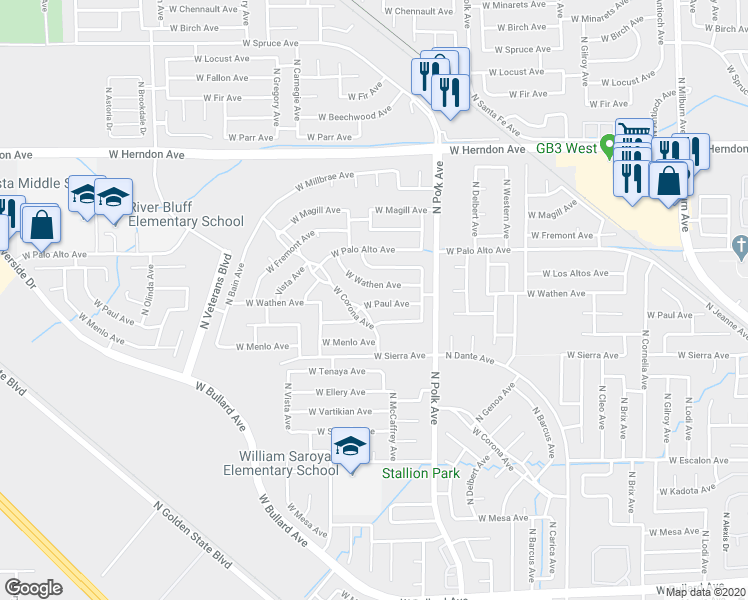 map of restaurants, bars, coffee shops, grocery stores, and more near 5604 West Wathen Avenue in Fresno