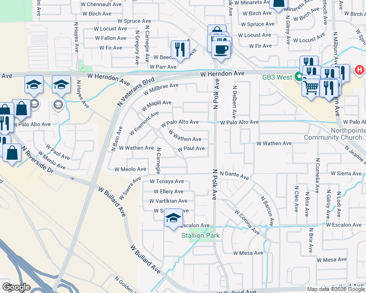 map of restaurants, bars, coffee shops, grocery stores, and more near 5604 West Wathen Avenue in Fresno