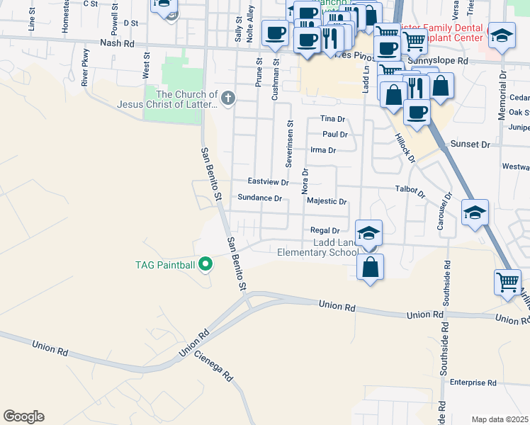 map of restaurants, bars, coffee shops, grocery stores, and more near 203 Sundance Drive in Hollister