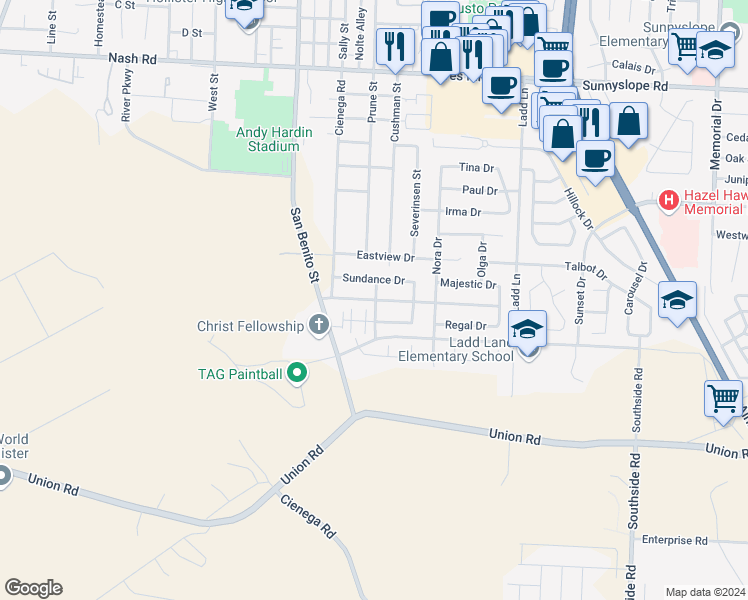 map of restaurants, bars, coffee shops, grocery stores, and more near 203 Sundance Drive in Hollister