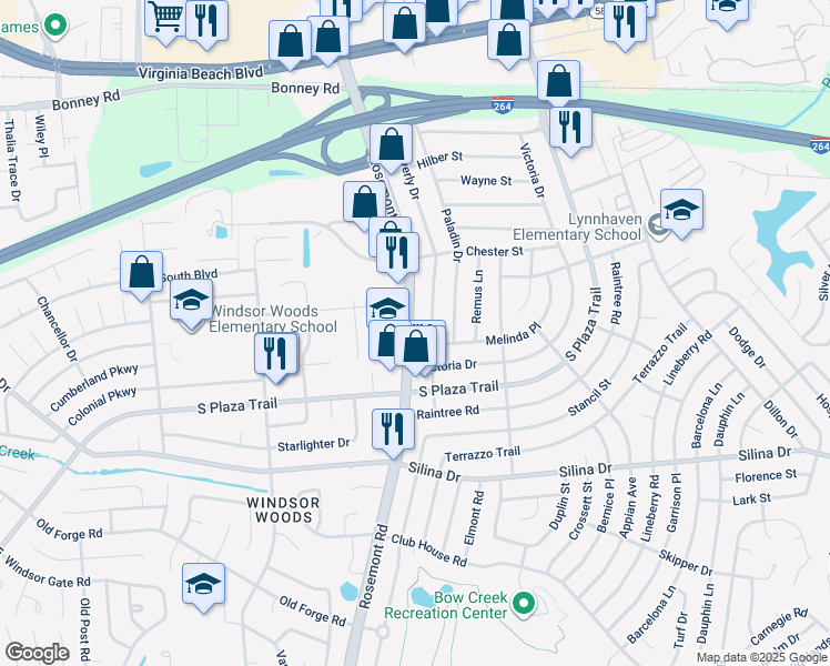 map of restaurants, bars, coffee shops, grocery stores, and more near 228 Virginia 411 in Virginia Beach