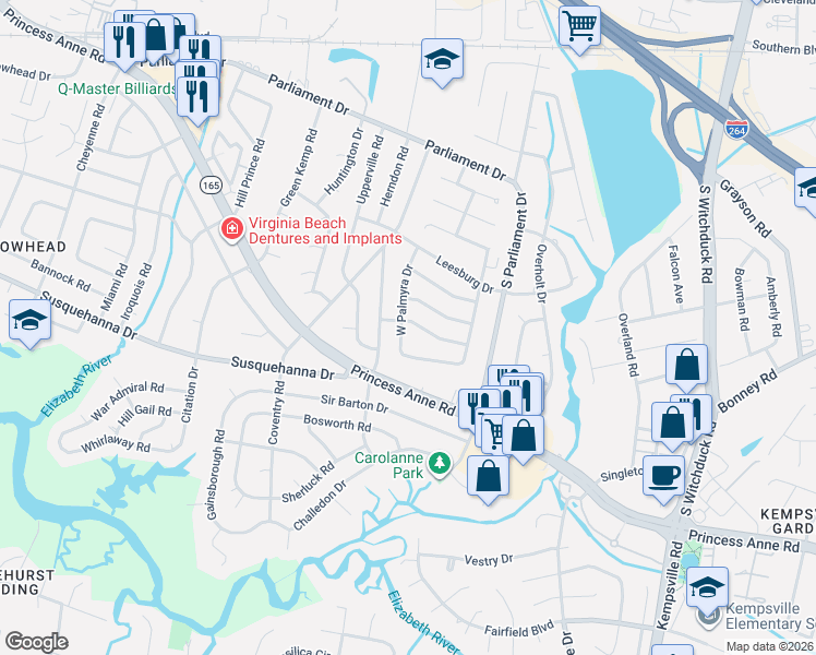 map of restaurants, bars, coffee shops, grocery stores, and more near 5333 Hamilton Lane in Virginia Beach