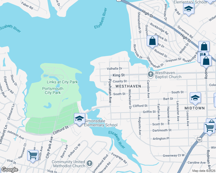 map of restaurants, bars, coffee shops, grocery stores, and more near 4700 County Street in Portsmouth