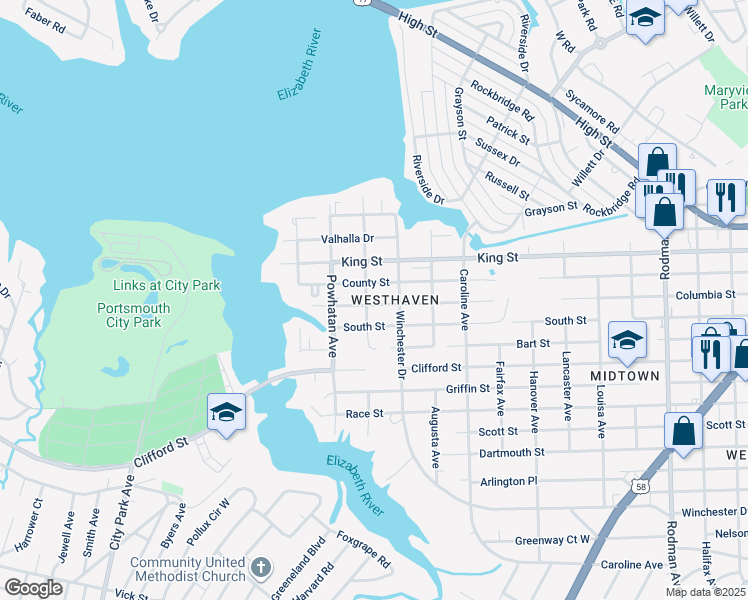 map of restaurants, bars, coffee shops, grocery stores, and more near 4512 Columbia Street in Portsmouth