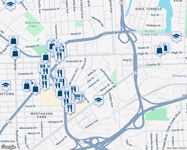 map of restaurants, bars, coffee shops, grocery stores, and more near 503 Phillips Avenue in Portsmouth