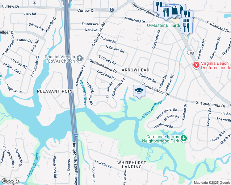 map of restaurants, bars, coffee shops, grocery stores, and more near 328 East Chickasaw Road in Virginia Beach