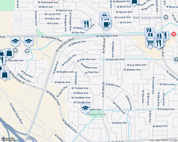 map of restaurants, bars, coffee shops, grocery stores, and more near 5604 West Wathen Avenue in Fresno