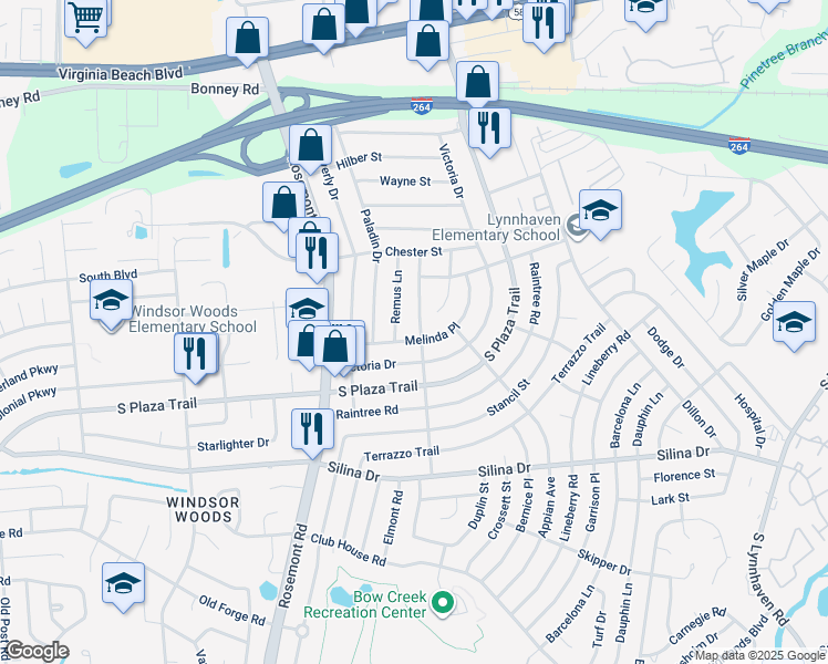 map of restaurants, bars, coffee shops, grocery stores, and more near 245 Cassady Avenue in Virginia Beach