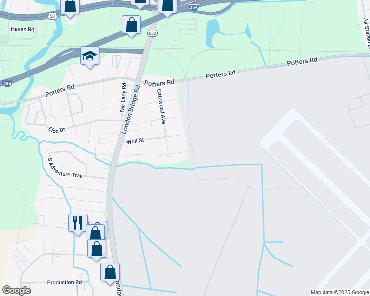 map of restaurants, bars, coffee shops, grocery stores, and more near 2212 Paris Street in Virginia Beach
